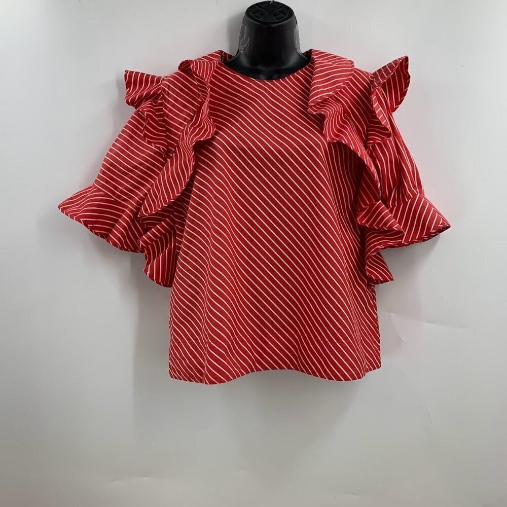 MSGM Women's Pinstriped Poplin Ruffled 100% Cotton Short Sleeve Blouse Size S